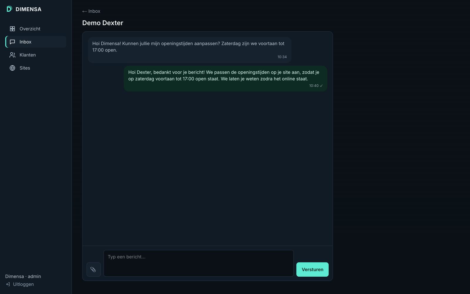 The Dimensa client portal with a chat between a client and Dimensa, using test data