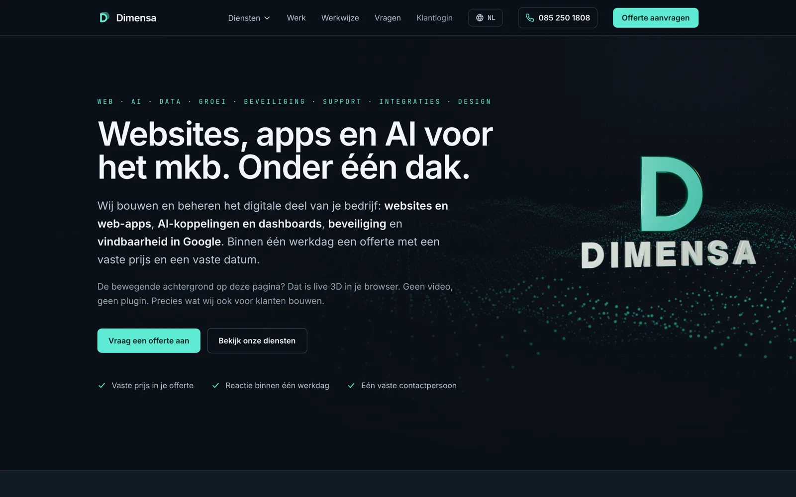 Home page of dimensa.dev with the Dimensa 3D logo above a moving wave of light points