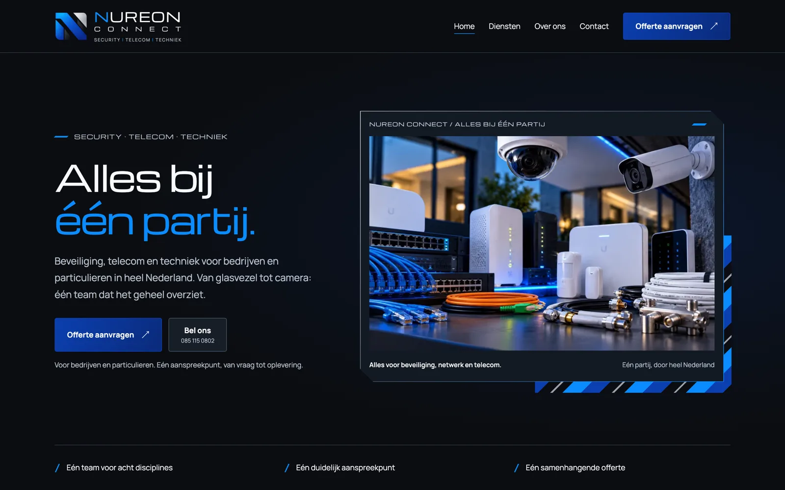 Home page of nureonconnect.nl with the headline ‘Alles bij één partij’ and a photo of cameras, switches and cables